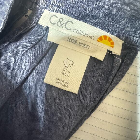 C&C California 100% Linen Mini Dress Size L Blue Sleeveless Shift Halter - Picture 6 of 7